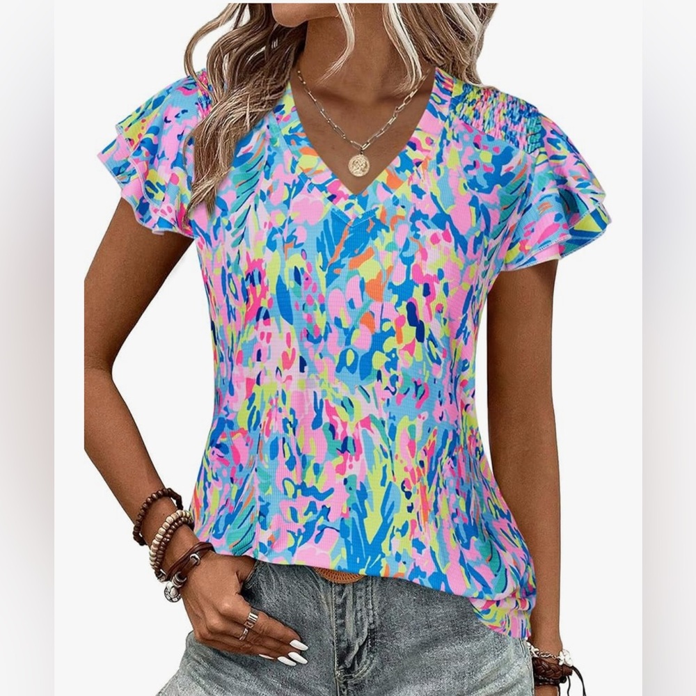 NEW Short Sleeve Pleated Crewneck Casual Blouse Colorful Shirt S